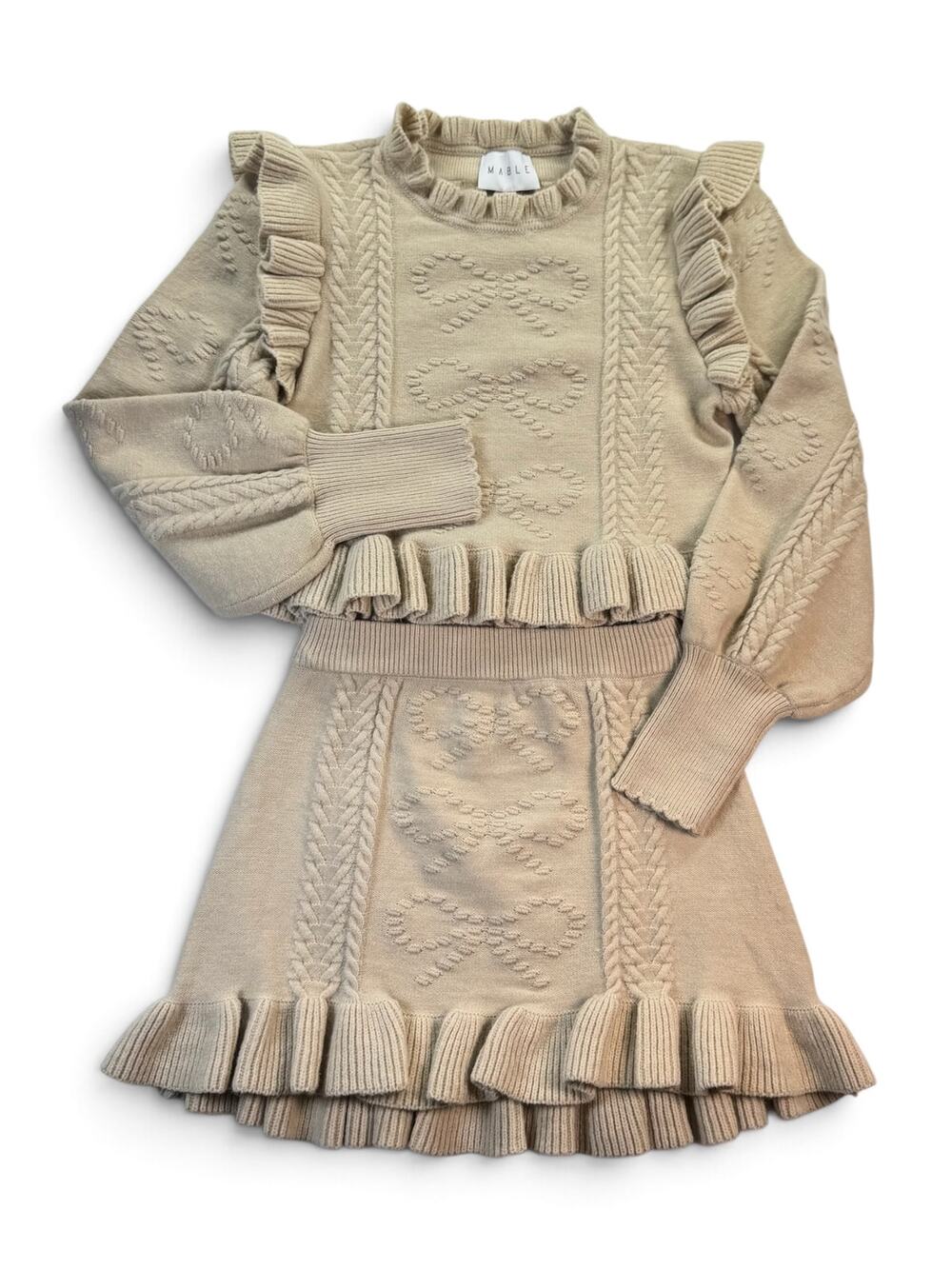 MABLE Autumn Bow Cable Knit Ruffle Matching Set